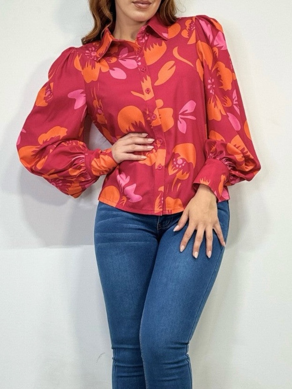 OOPS! Bishop Sleeve Floral Button Down Blouse | Size Large